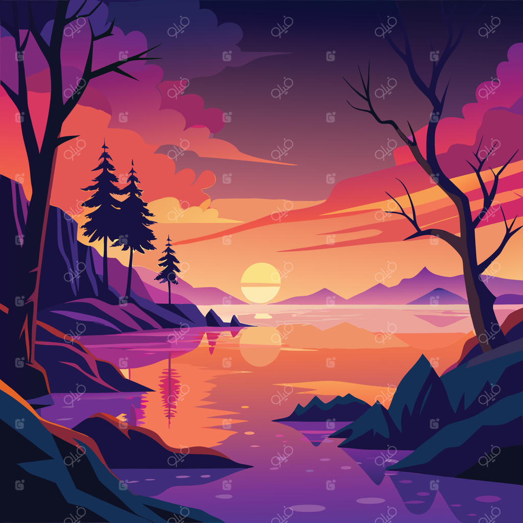 صحنه غروب آفتاب با درختان و آب