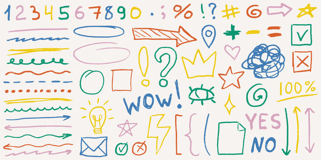 خطوط جالب و رنگارنگ شمعی و نقاشی‌های نامرتب با متن‌های بازیگوش، بافت دانه‌دار، ستاره‌ها و تاج‌های کشیده شده، حرکات پرهیاهو و اشکال عجیب و غریب.