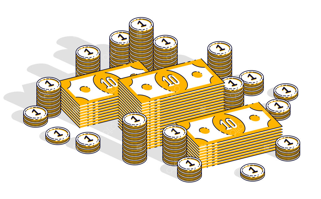 پول نقد، بسته‌ها و سکه‌ها روی زمینه سفید: تصویر ایزومتریک سه‌بعدی از کسب‌وکار و امور مالی، طراحی با خطوط نازک.