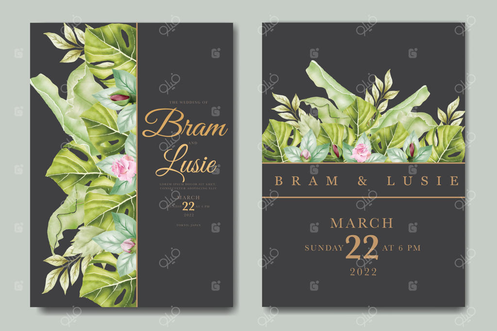 کارت دعوت عروسی با طرح برگ‌های گل آبرنگی