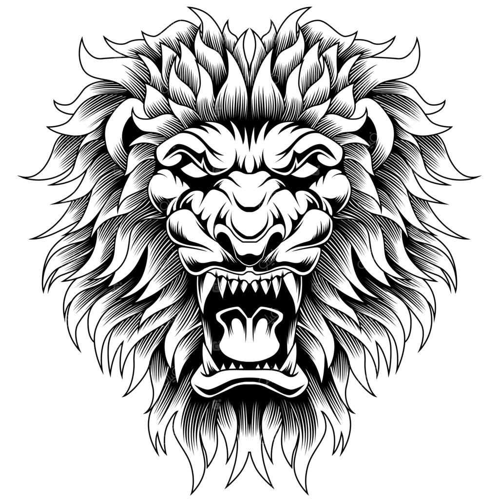 وکتور سر شیر خشمگین سیاه و سفید به سبک تاتو