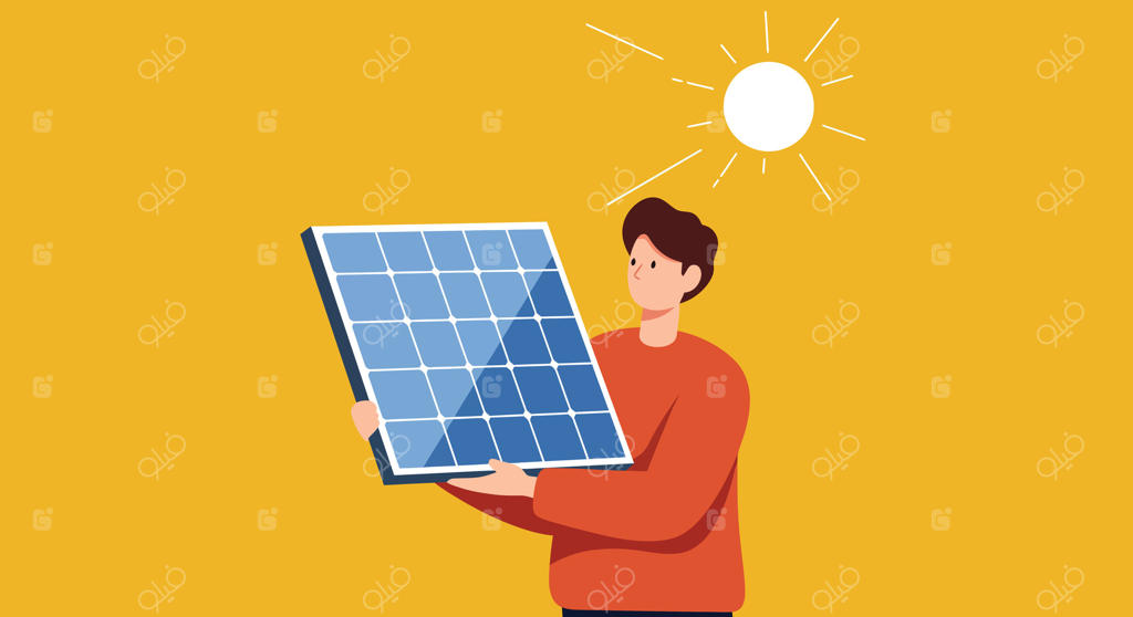 مردی که پنل خورشیدی در دست دارد - تصویر انرژی تجدیدپذیر با پس‌زمینه زرد و نماد خورشید