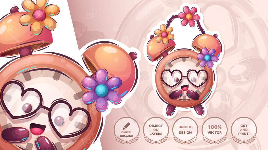 شخصیت کارتونی برچسبی ساعت زنگ‌دار دوست‌داشتنی