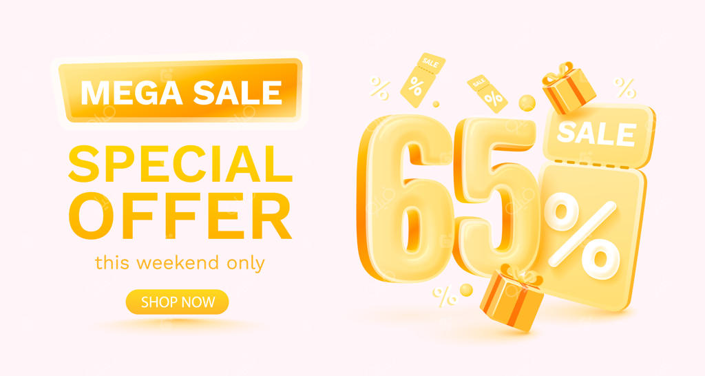 بنر و پوستر تخفیف ویژه ۶۵ درصدی با طرح وکتور و جعبه هدیه