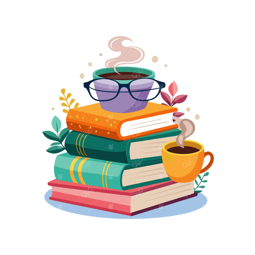 یک دسته کتاب با یک کتاب بر روی آنها و یک فنجان قهوه در کنارش