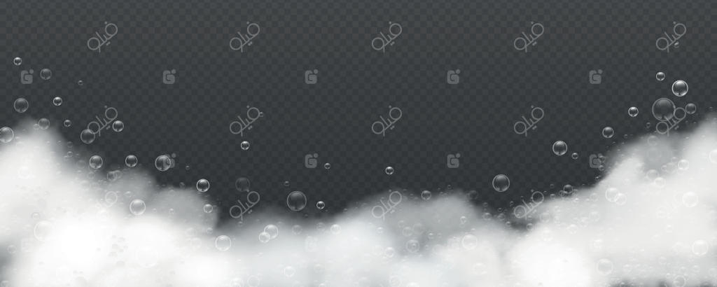 پس‌زمینه واقعی با کف و حباب‌های صابون حمام: نمای نزدیک سه‌بعدی کفی صابون، شوینده لباس یا محصول بهداشتی