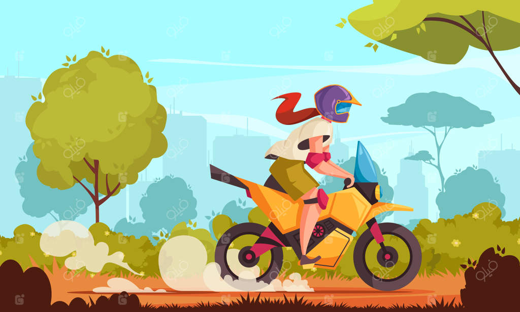 پوستر کارتونی موتورسیکلت با تصویر زن موتور سوار در حال راندن موتورسیکلت