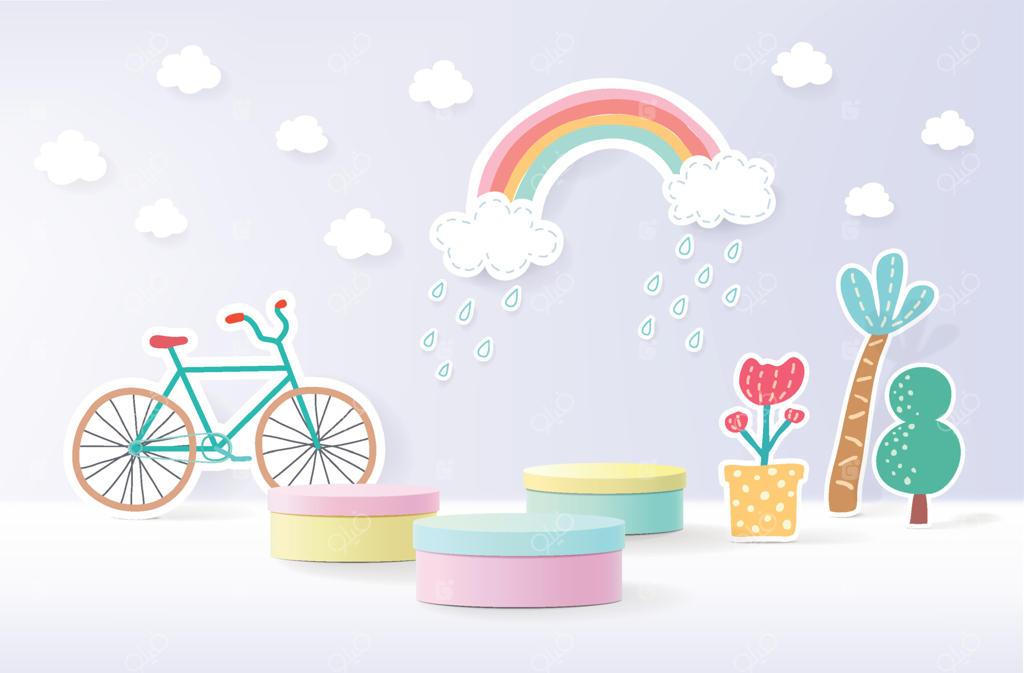 بنر منظره برش کاغذی با رنگین‌کمان و ابرها در هنر کاغذی واقعی. نمایش محصول روی سکوی رنگارنگ برای کودکان
