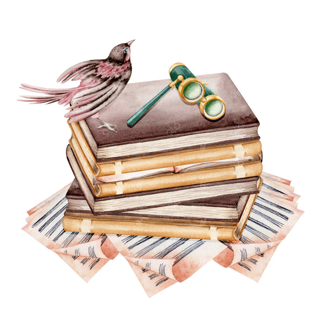 پرنده کوچک و دوربین دوچشمی روی توده‌ای از کتاب‌های قدیمی و صفحات نت موسیقی - ترکیب کارت پستال یا پوستر قدیمی با طرح دستی آبرنگ - طراحی کتابخانه عتیقه