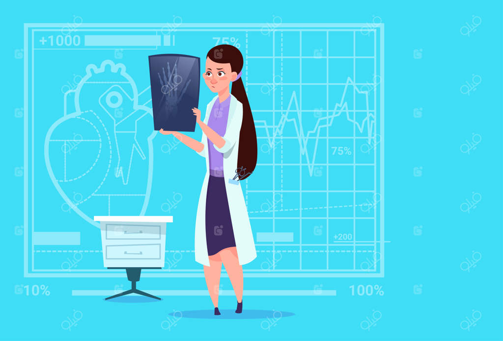 پزشک زن در حال بررسی عکس رادیولوژی در کلینیک پزشکی و اتاق جراحی بیمارستان