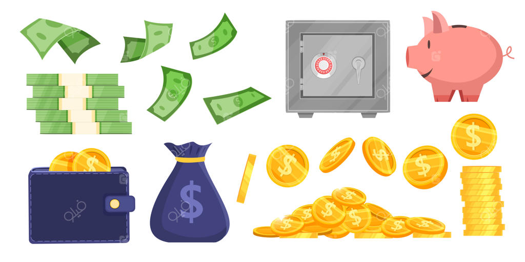 مجموعه وکتور پس‌انداز شامل سکه، کیسه پول، قلک، کیف پول، گاوصندوق و اسکناس دلار