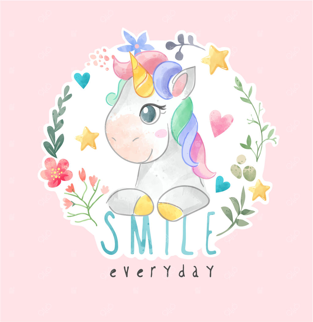 تصویر تک‌شاخ بامزه و رنگارنگ در حلقه‌ای از گل‌ها