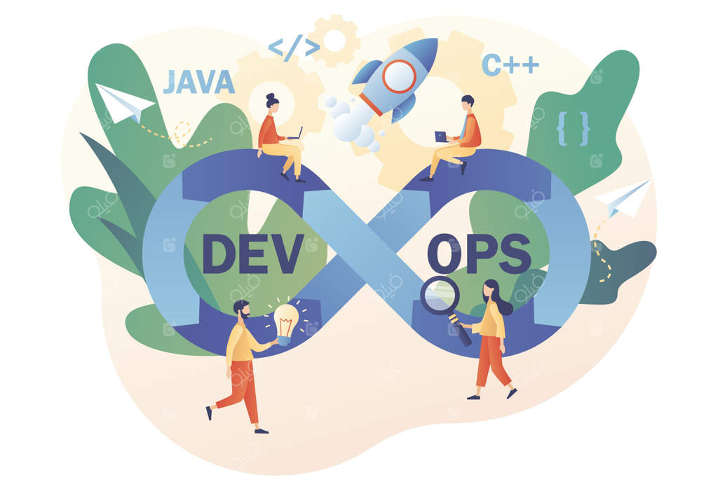 مفهوم DevOps: ترکیب توسعه و عملیات نرم‌افزار برای برنامه‌نویسان کوچک. نماد بی‌نهایت