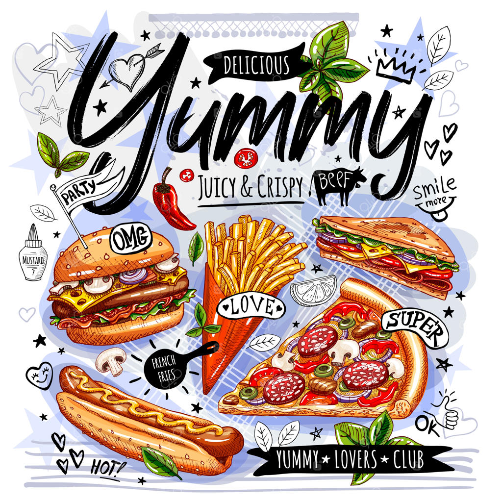 تبلیغات پوستر غذایی: منوی فست‌فود شامل برگر، پیتزا، ساندویچ، رول، مرغ، سیب‌زمینی سرخ‌کرده، هات‌داگ، گریل و باربیکیو.