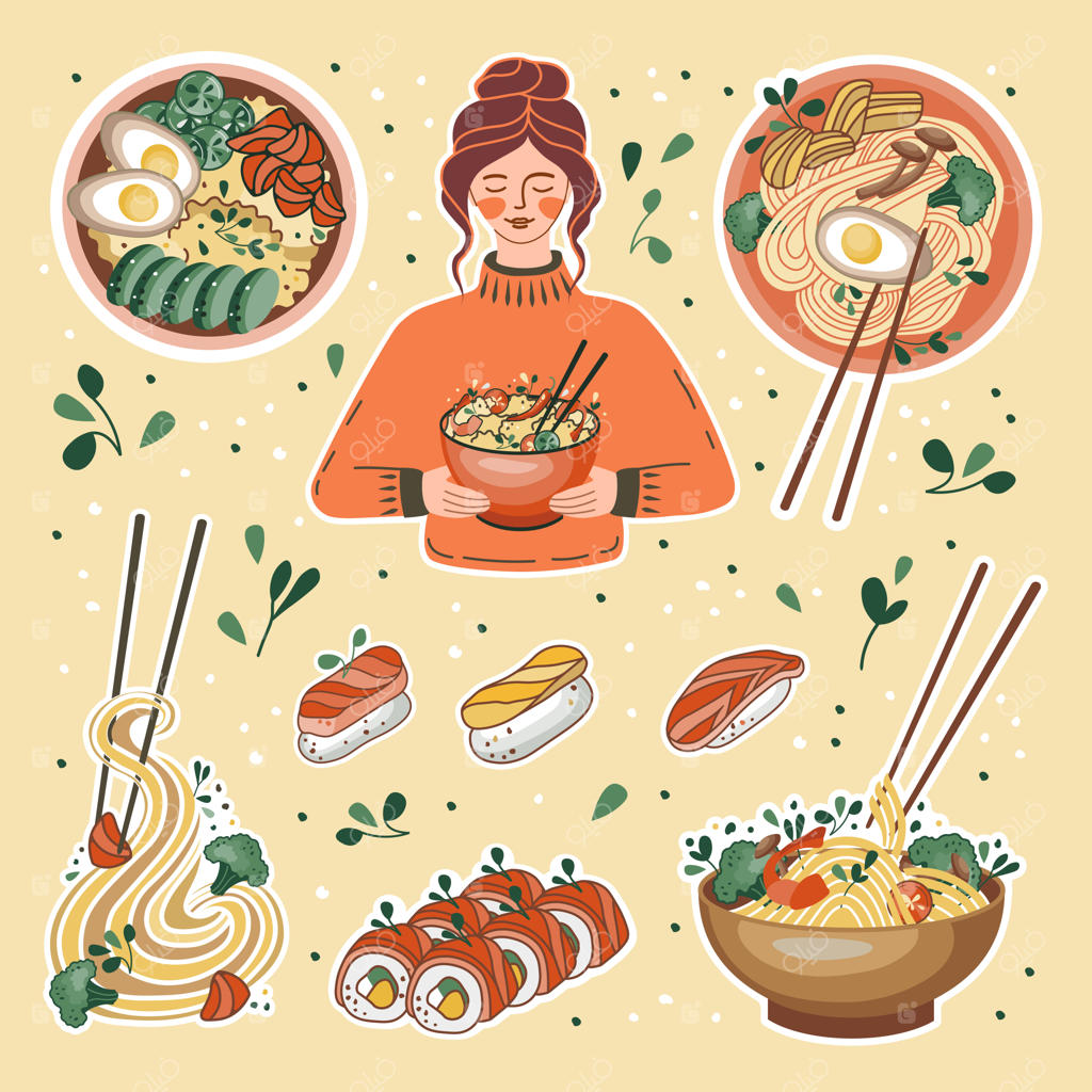 برچسب‌های غذای آسیایی: دختری با کاسه برنج. نودل‌های سوپ اودون یا رامن. سوشی و کاسه غذاهای دریایی.