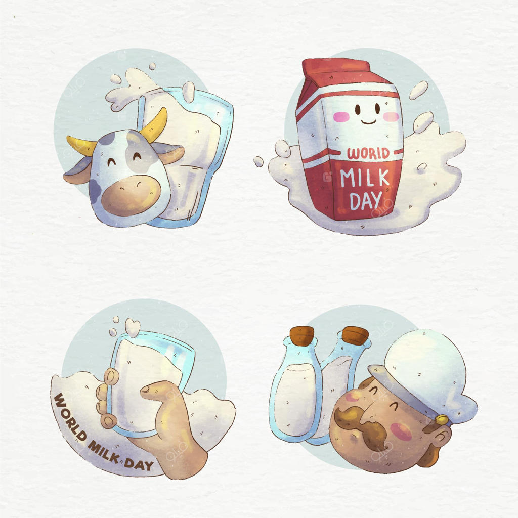 مجموعه نشان‌های روز جهانی شیر با طراحی آبرنگ دستی
