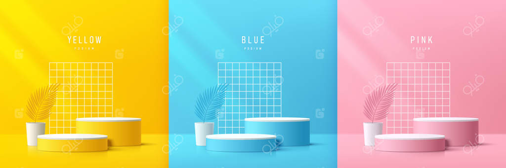 مجموعه‌ استوانه‌های سه‌بعدی واقعی به رنگ‌های زرد، آبی و صورتی با طراحی برگ و پس‌زمینه سفید در فضای انتزاعی اتاق‌ها