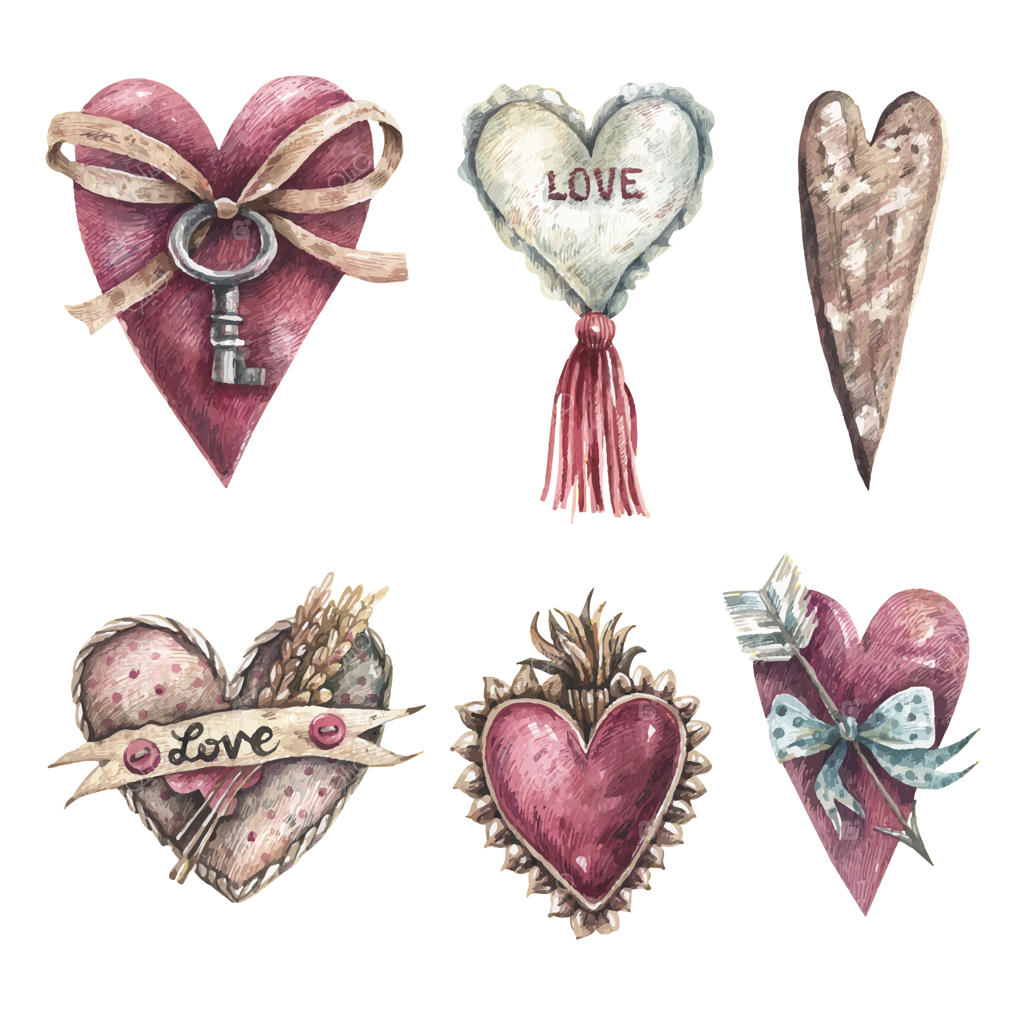 مجموعه‌ای از قلب‌های دست‌کشیده به سبک وینتیج روی پس‌زمینه سفید