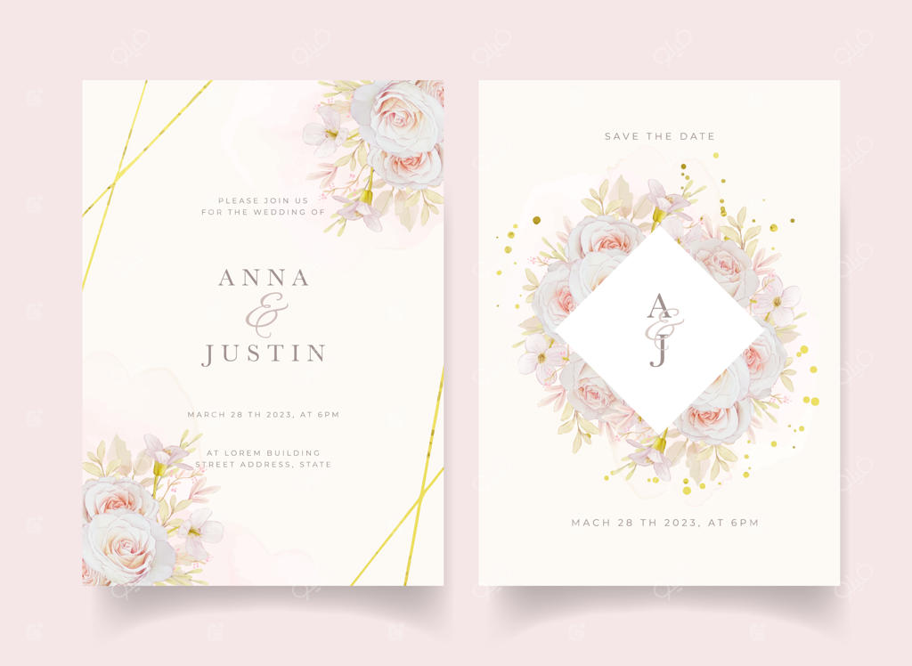 دعوت‌نامه عروسی با طرح گل‌های آبرنگی