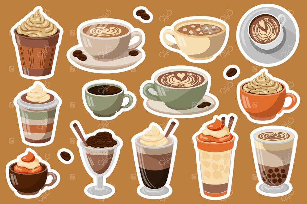 مجموعه برچسب‌های قهوه با طراحی تخت: برچسب‌هایی با فنجان‌ها و لیوان‌های متنوع قهوه، شامل کاپوچینو، اسپرسو و دیگر نوشیدنی‌های کافئین‌دار با شیر، خامه و لاته آرت.