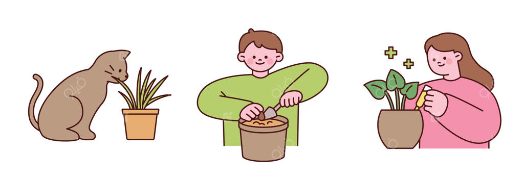 تصویر بامزه‌ای از نگهداری گیاه: گربه‌ای کنار گیاه، پسرکی در حال کاشتن خاک، و دختری که به گیاه خانگی مواد مغذی می‌دهد.