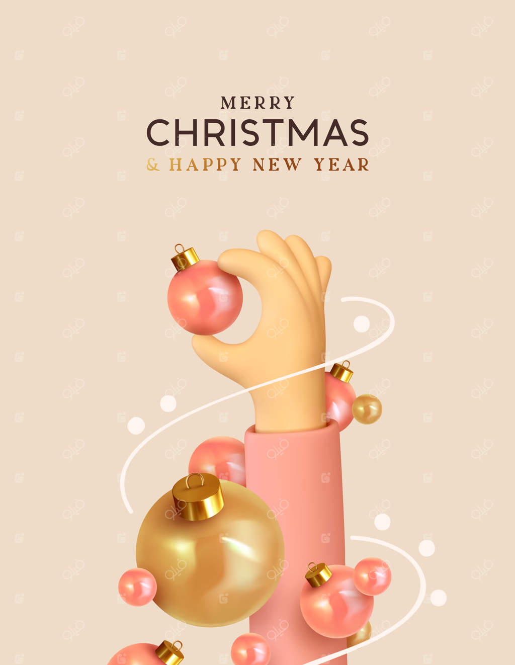 طراحی کارت کریسمس: دست سه‌بعدی واقعی نگه‌دارنده توپ تزئینی براق. پوستر و بنر سال نو مبارک. اشیاء تزئینی جشن. تصویرسازی وکتور.
