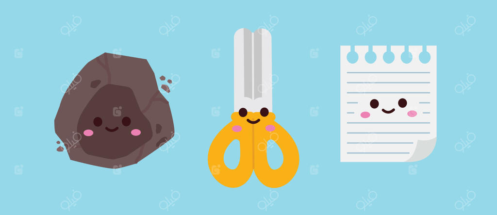 تصویرسازی شخصیت‌های بامزه برای طراحی بازی سنگ، کاغذ، قیچی مناسب پوستر و وب.