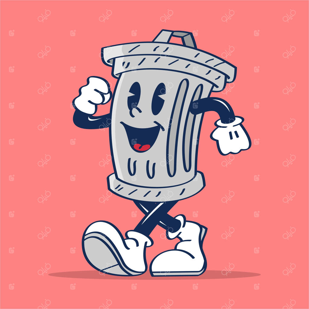 شخصیت کارتونی سطل زباله در حال پیاده‌روی - نقاشی دستی وکتور