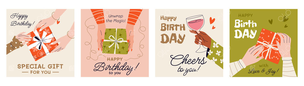 مجموعه کارت تبریک تولد مربعی یا دعوتنامه مهمانی. کارت‌پستال‌های شاد برای جشن سالگرد با متن و آرزوها. دست‌هایی که جعبه‌های هدیه و دسته ‌گل‌ها را نگه داشته یا علامت قلب را نشان می‌دهند.