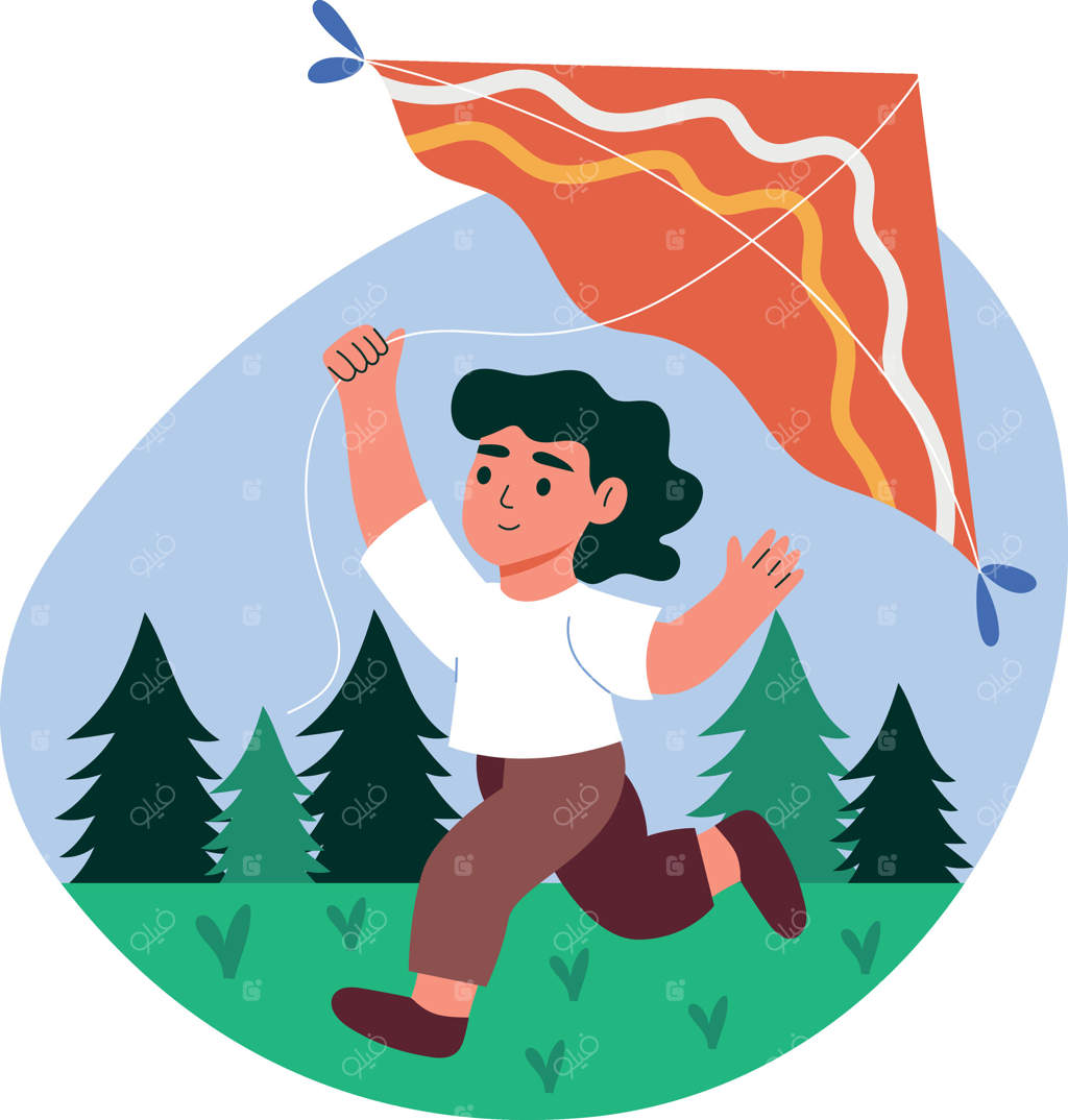 نقاشی تخت از کودکی که در باغ با بادبادک بازی می‌کند