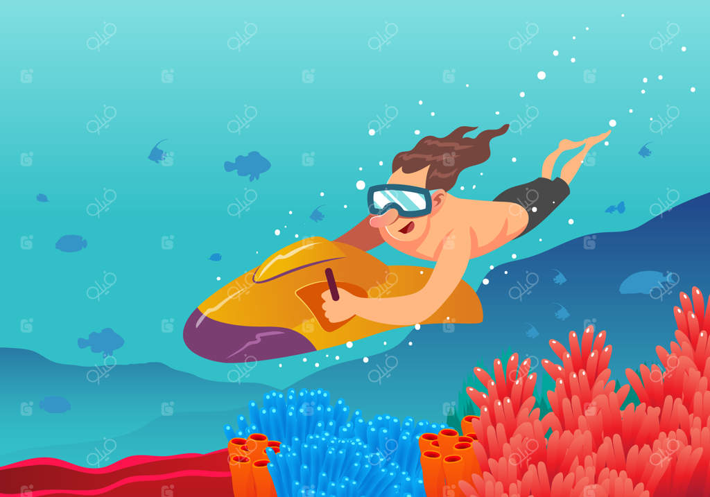 تصویری کارتونی از مردی که در اقیانوس غواصی می‌کند.