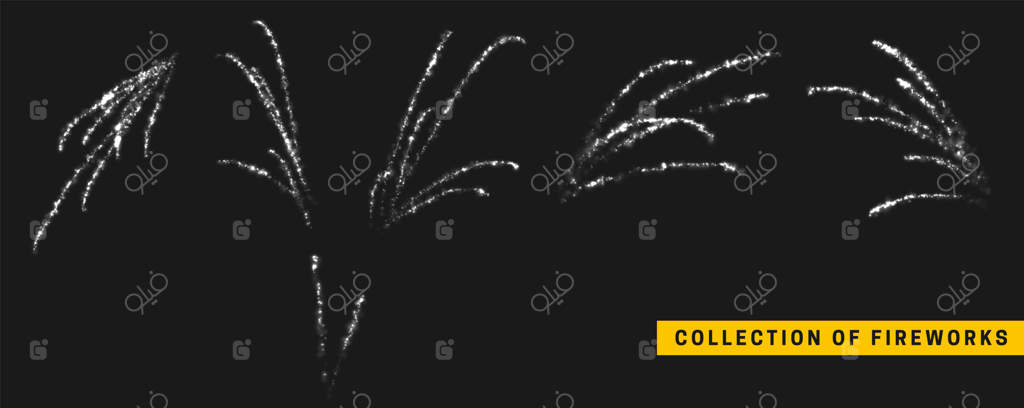 ترجمه شما: اجرای آتش‌بازی نقره‌ای جشنواره‌ای. جلوه‌ای از نور سفید روی پس‌زمینه مشکی. طراحی واقع‌گرایانه وکتور.