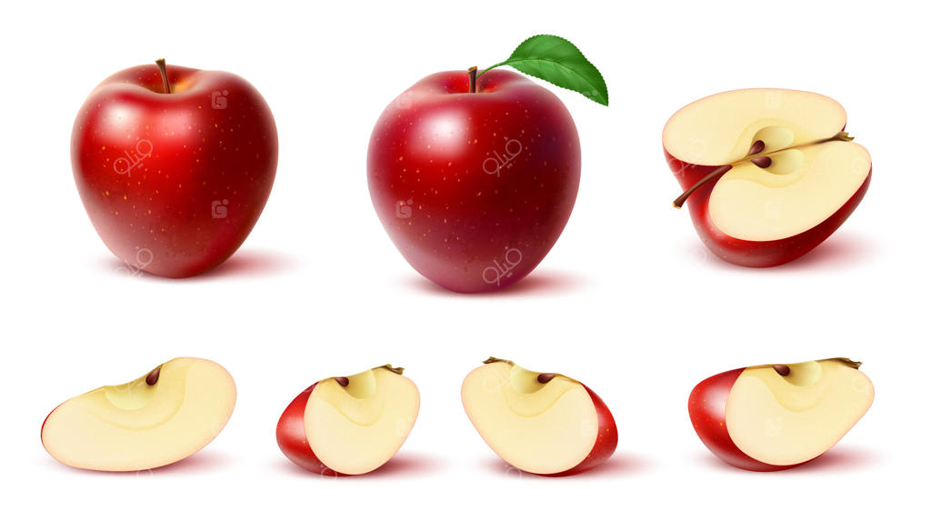 سیب قرمز رسیده واقعی، کامل و برش‌خورده