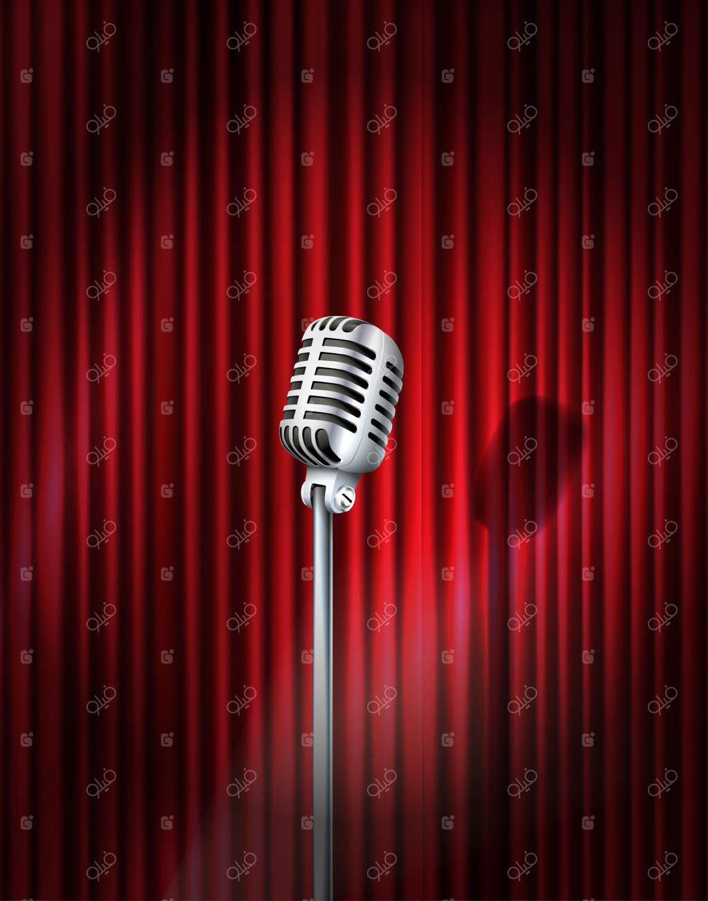 پس زمینه واقعی وکتور: صحنه پرده قرمز با نورافکن و میکروفون کلاسیک.