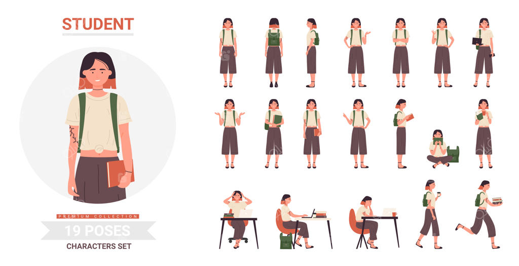 مجموعه ژست‌های دختر دانش‌آموز؛ شخصیت کارتونی نوجوان در حال ایستادن، راه رفتن یا دویدن با کتاب