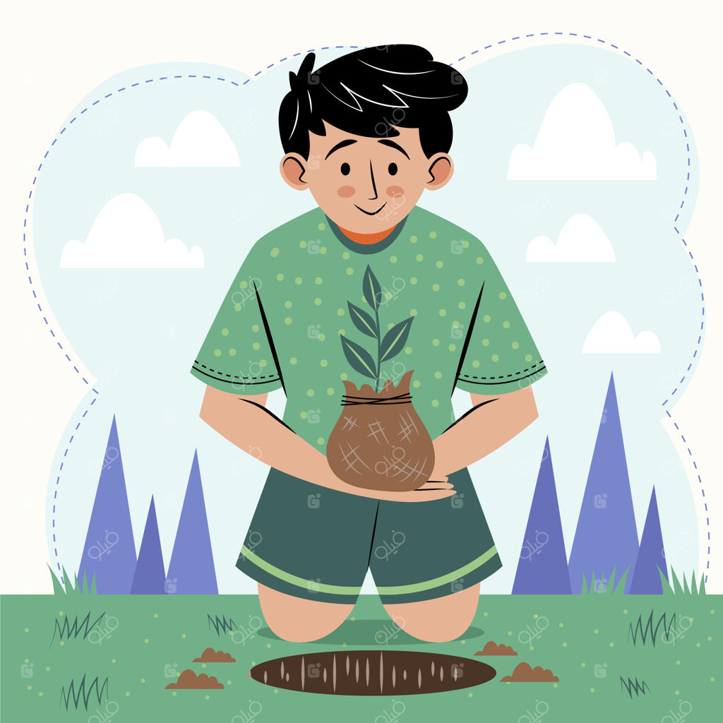 تصویرسازی کاشت درخت با طراحی دستی و فلت