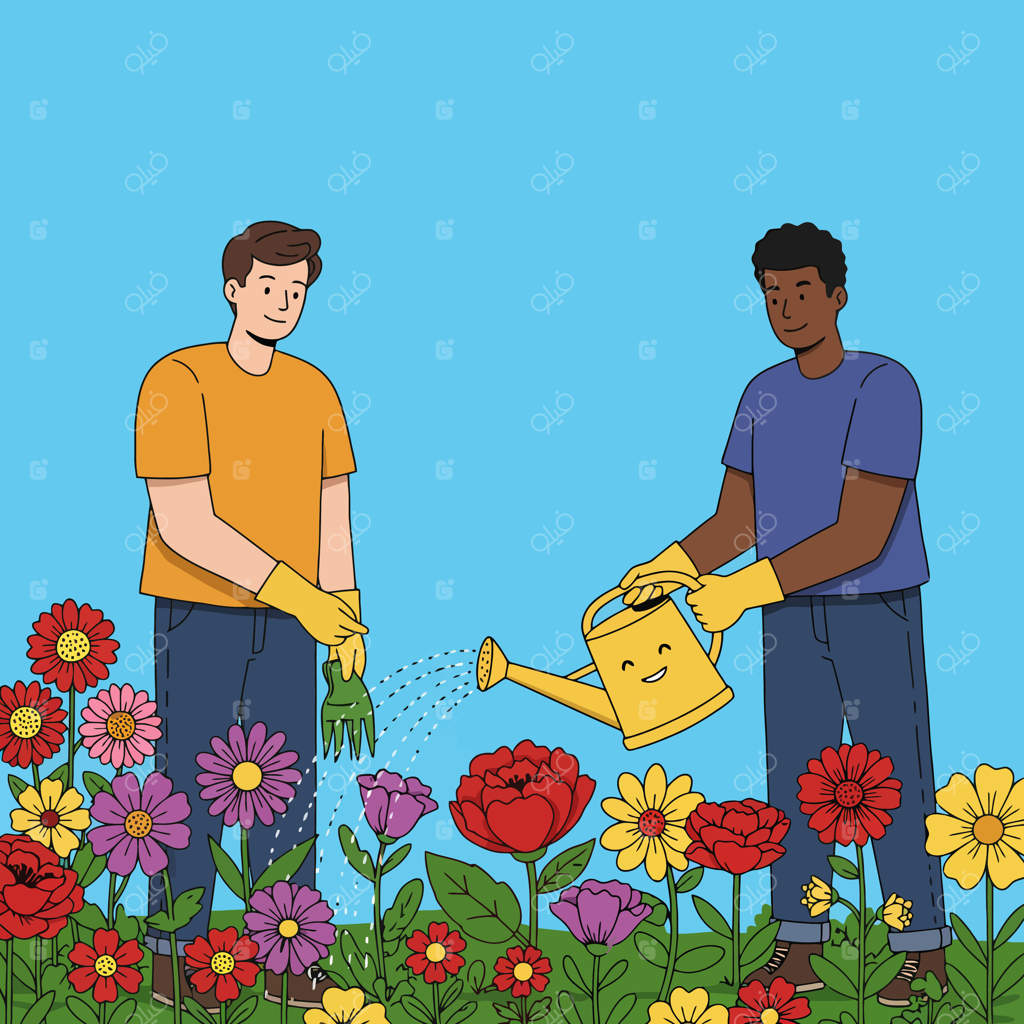 افراد در حال آب دادن به گل‌ها در باغ با آب‌پاش - تصویرسازی