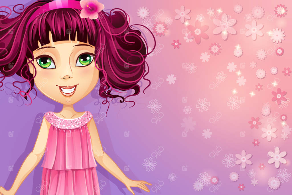 پشت‌زمینه گل‌های بنفش با دختری جوان در لباس صورتی