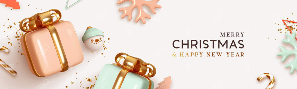 بنر وب کریسمس: طراحی جشنواره‌ای با جعبه‌های هدیه آبی و صورتی، دانه برف سه‌بعدی، آب‌نبات چوبی و تزئینات درخت کاج. پوستر افقی سال نو، کارت تبریک و سرصفحه سایت.