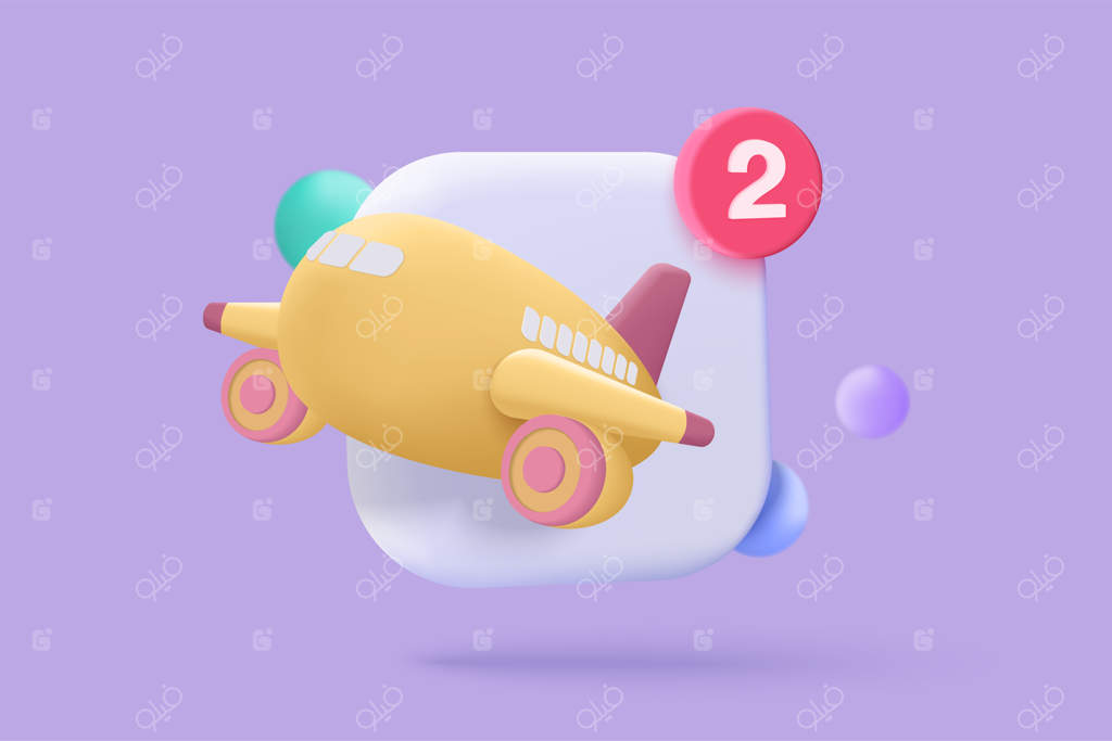 آیکون سه‌بعدی هواپیما با اعلان حباب گفت‌وگو: مفهوم کارتونی چت اجتماعی و یادآوری شبکه‌های اجتماعی