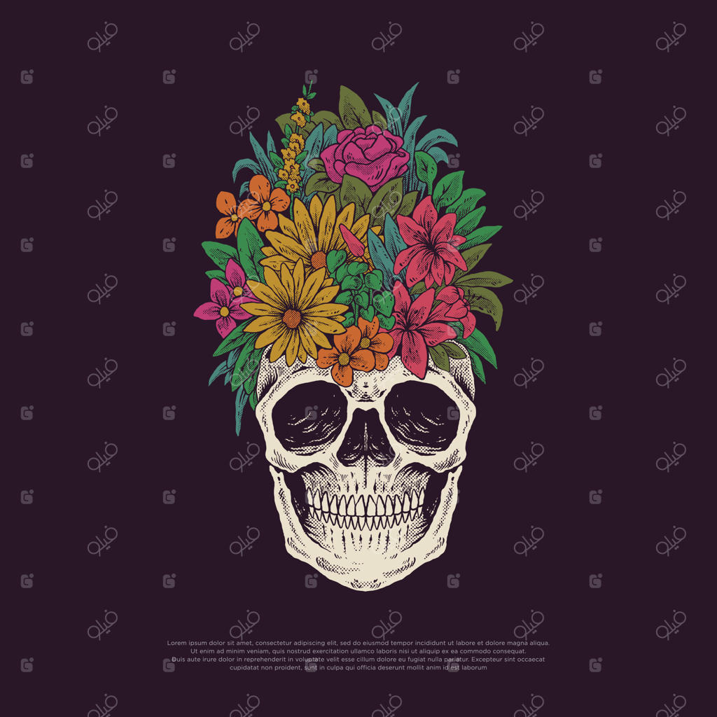 طراحی تصویر گل و جمجمه به سبک وینتیج