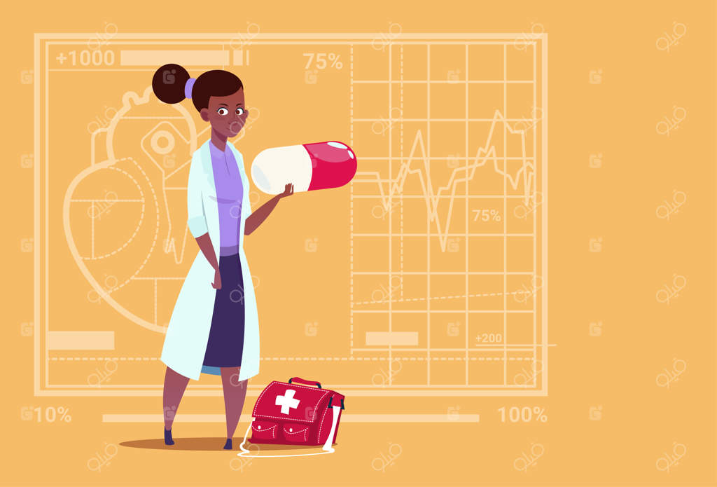 پزشک زن آفریقایی-آمریکایی در حال نشان دادن قرص در بیمارستان یا کلینیک پزشکی