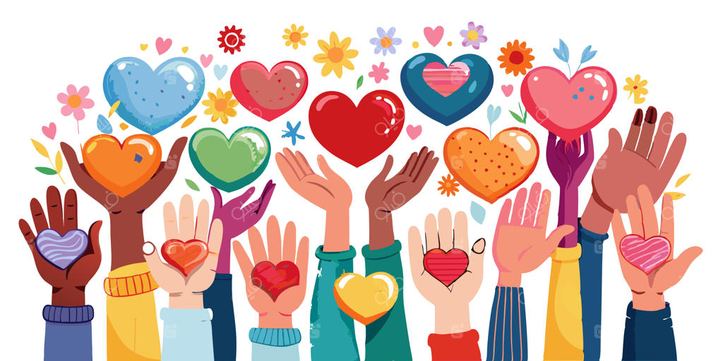 دست‌های گوناگون با قلب‌های رنگارنگ؛ نماد اتحاد، عشق و مهربانی