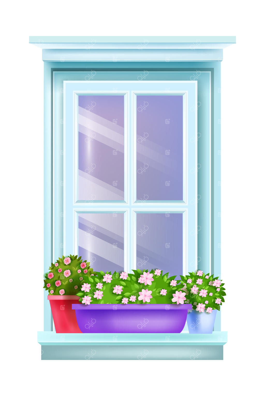 نمای خارجی پنجره قدیمی بسته با گلدان‌های گل و گیاهان خانگی؛ گل‌های رز تنها که روی لبه پنجره شکوفه می‌دهند.