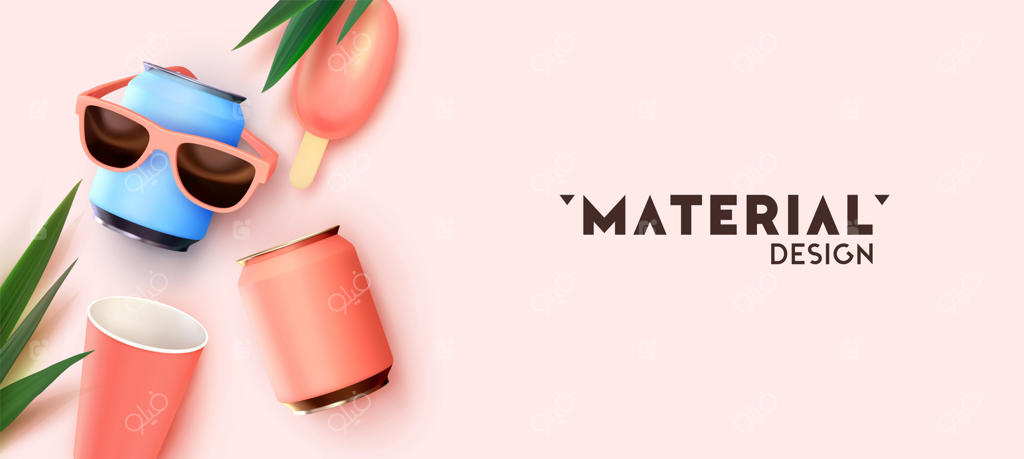 طرح زمینه برای تبلیغات برندینگ نوشیدنی‌های خنک تابستانی: ماکت سه‌بعدی واقعی شامل قوطی آهنی، لیوان کاغذی، بستنی و عینک آفتابی. قالب بنر، پوستر و هدر برای وب‌سایت. وکتور ایلستریشن