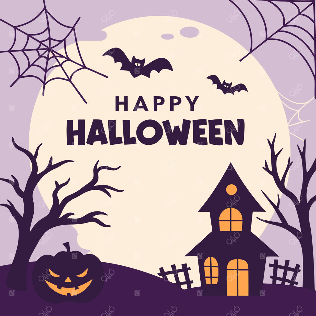 تصویرسازی هالووین مبارک با خفاش، خانه ارواح و کدو تنبل