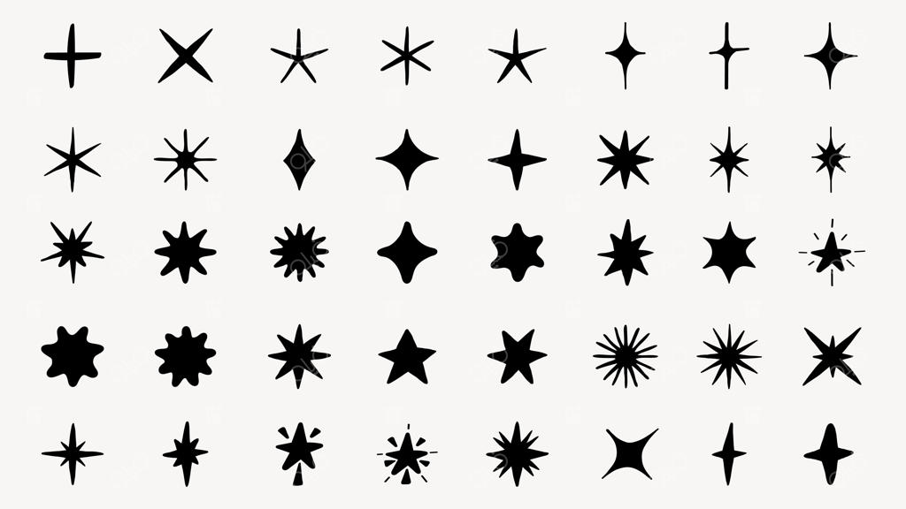 مجموعه وکتور اشکال ستاره سیاه با طرح‌ها و الگوهای متنوع در چیدمان شبکه‌ای