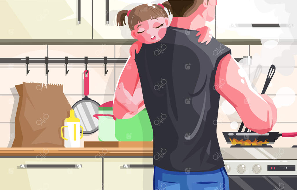 پدری که دختر دوست‌داشتنی و بامزه‌اش را در آغوش دارد و غذای کودک می‌پزد