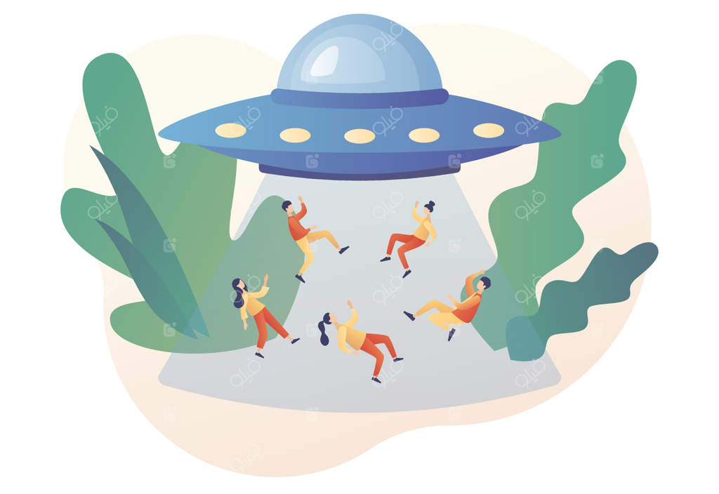 بشقاب پرنده ناشناخته با پرتوی نور، انسان‌ها را می‌رباید. روز تماس جهانی. مفهوم فضا. بیگانگان. آینده‌نگری.