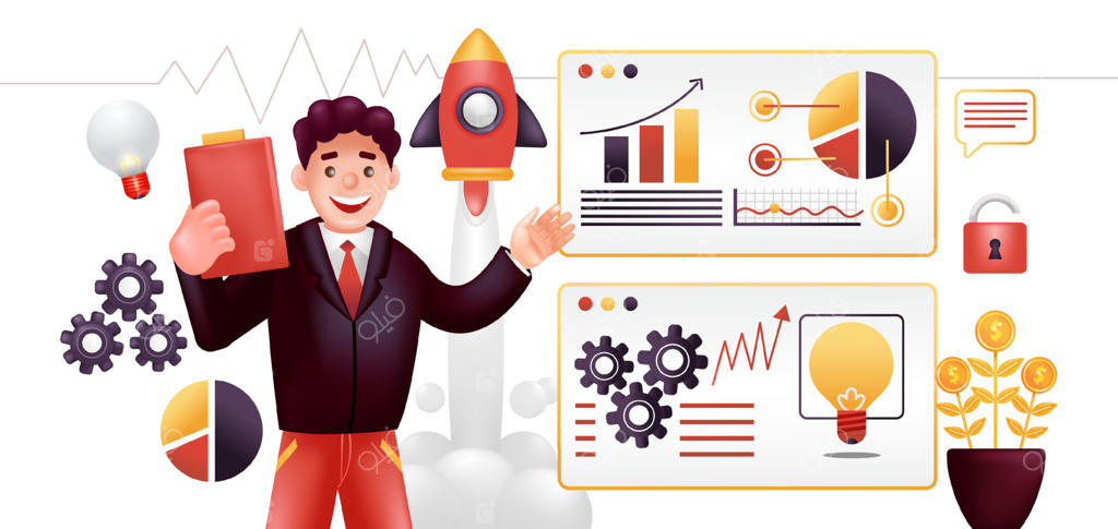 استراتژی کسب و کار: تصویر سه‌بعدی از مردانی که برای پیشرفت شرکت برنامه‌ریزی می‌کنند، با تزئین موشک